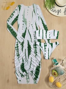 3packs Brush Print Bandeau Bikini & Cover Up Dress, For Summer Beach Vacation - Green - View 3