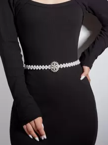Rhinestone Detail Faux Pearl Belt - trắng - Xem 2