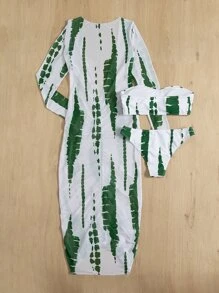 3packs Brush Print Bandeau Bikini & Cover Up Dress, For Summer Beach Vacation - Green - View 2