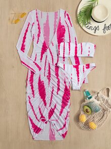 Allover Print Bandeau Bikini With Cover Up, For Summer Beach Vacation - Red and White - View 3