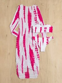 Allover Print Bandeau Bikini With Cover Up, For Summer Beach Vacation - Red and White - View 2