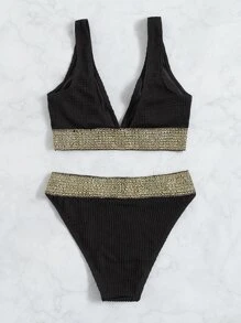 SHEIN Swim Contrast Tape High Waisted Bikini Summer - Black - View 2