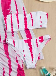 Allover Print Bandeau Bikini With Cover Up, For Summer Beach Vacation - Red and White - View 5