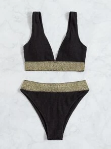 SHEIN Swim Contrast Tape High Waisted Bikini Summer - Black - View 4