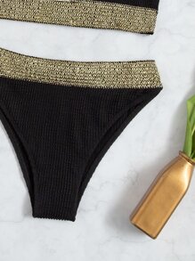 SHEIN Swim Contrast Tape High Waisted Bikini Summer - Black - View 5