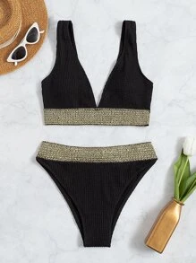 SHEIN Swim Contrast Tape High Waisted Bikini Summer - Black - View 6