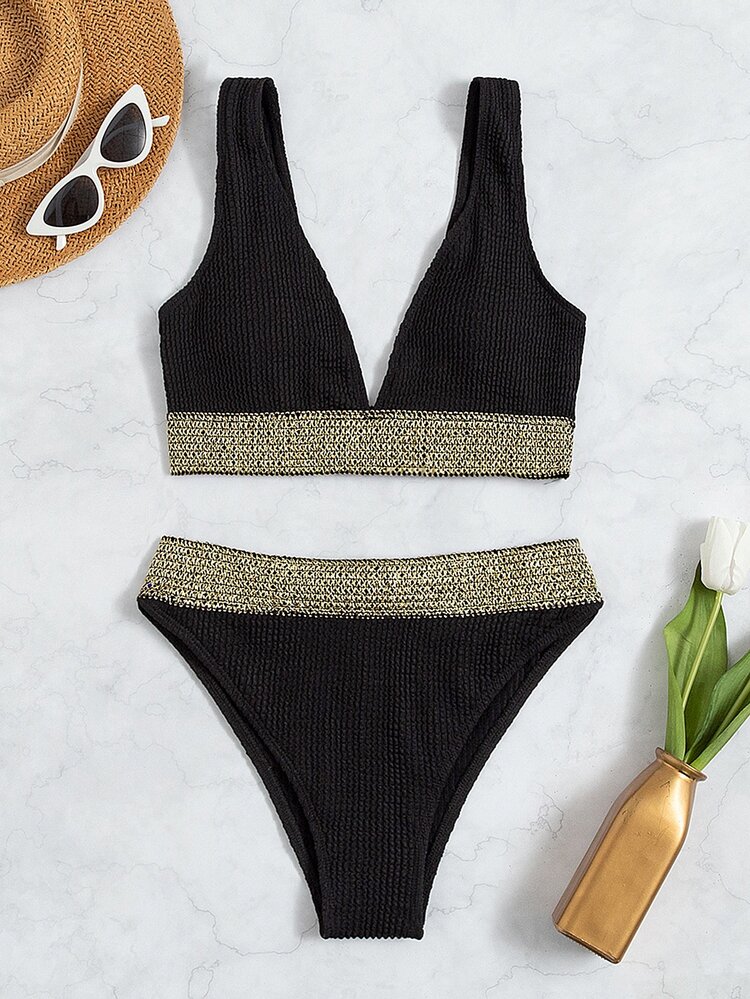 SHEIN Swim Contrast Tape High Waisted Bikini Summer - Black - View 6