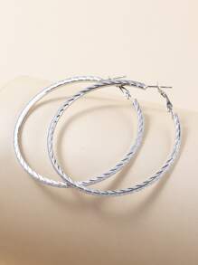 金屬亮絲圓耳環 - 銀色 - 查看 2