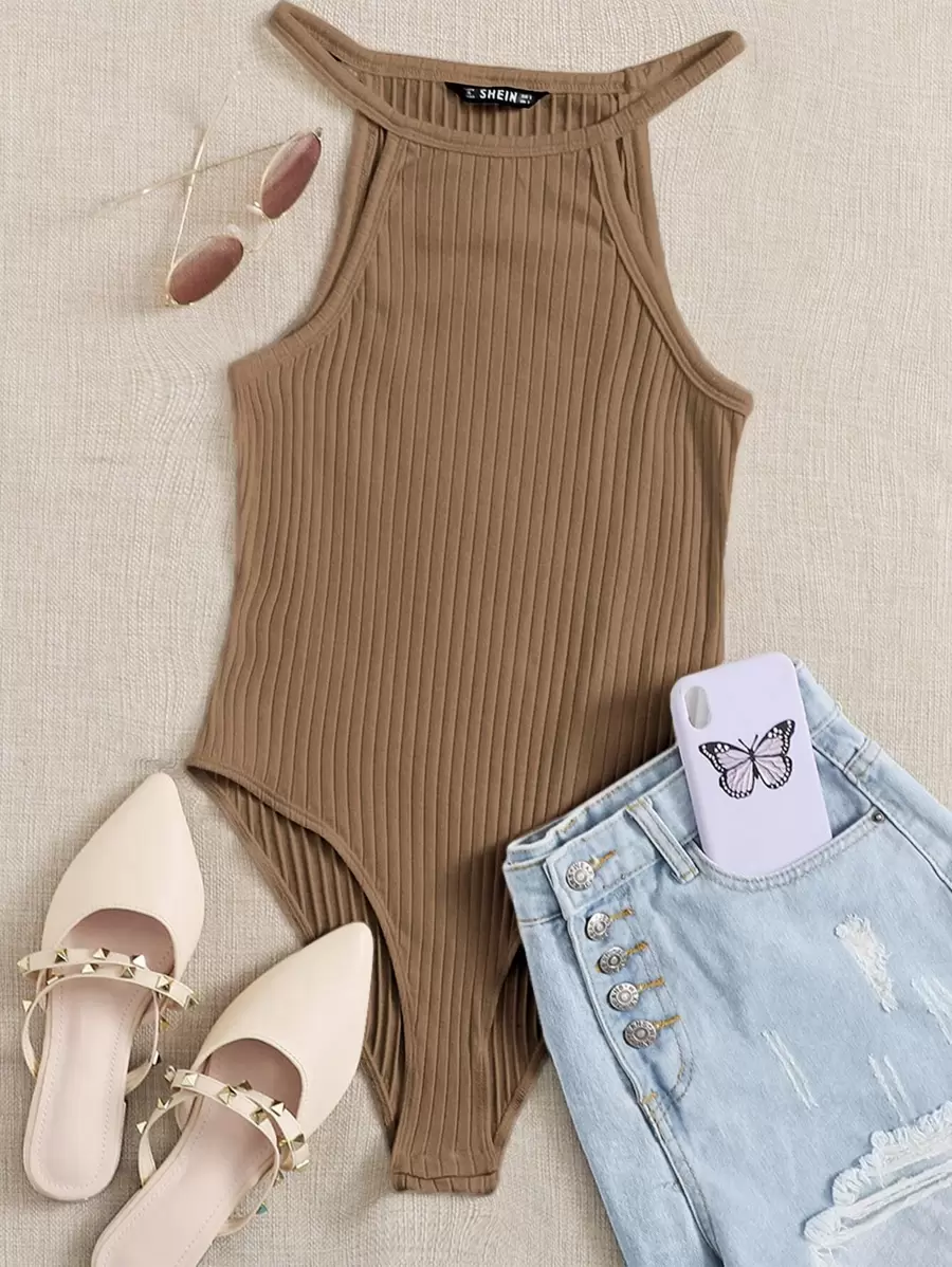 SHEIN EZwear Women's Solid Color Rib-Knit Halter Bodysuit - Mocha Brown - View 1