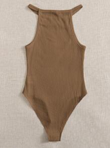 SHEIN EZwear Women's Solid Color Rib-Knit Halter Bodysuit - Mocha Brown - View 2