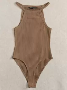 SHEIN EZwear Women's Solid Color Rib-Knit Halter Bodysuit - Mocha Brown - View 3