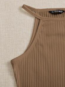 SHEIN EZwear Women's Solid Color Rib-Knit Halter Bodysuit - Mocha Brown - View 4