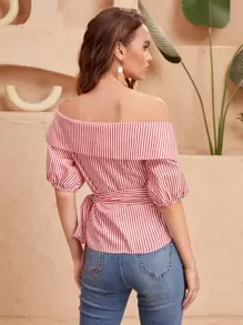 SHEIN Blusa de rayas de hombros descubiertos cruzado con cordón lateral - Rojo y blanco - Ver 2
