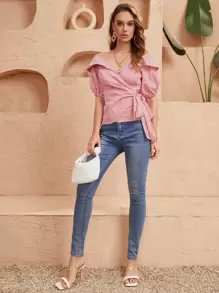 SHEIN Blusa de rayas de hombros descubiertos cruzado con cordón lateral - Rojo y blanco - Ver 3