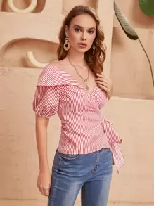 SHEIN Blusa de rayas de hombros descubiertos cruzado con cordón lateral - Rojo y blanco - Ver 4