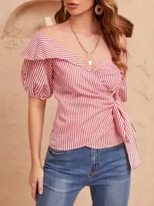 SHEIN Blusa de rayas de hombros descubiertos cruzado con cordón lateral - Rojo y blanco - Ver 5