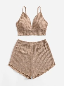 ROMWE Kawaii Ribbed Lettuce Trim PJ Set - Khaki - View 5