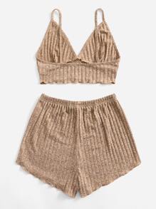 ROMWE Kawaii Ribbed Lettuce Trim PJ Set - Khaki - View 2