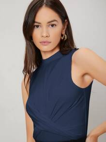 MOTF PREMIUM Áo hai dây xoắn lại màu trơn Giải trí - Màu xanh hải quân - Xem 5