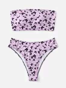 大碼蝴蝶繪畫肋條無肩帶比基尼裝套裝，夏季海灘 - 紫色 - 查看 1