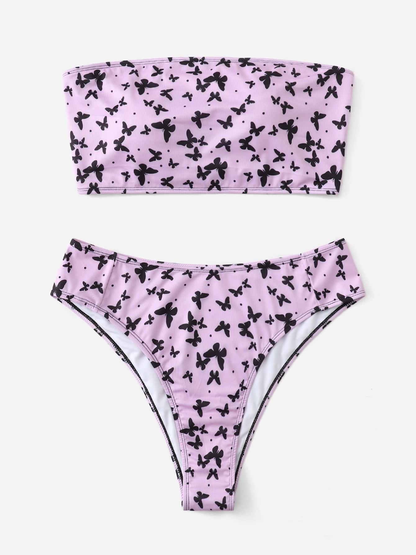大碼蝴蝶繪畫肋條無肩帶比基尼裝套裝，夏季海灘 - 紫色 - 查看 1
