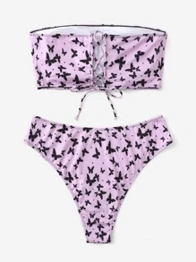 大碼蝴蝶繪畫肋條無肩帶比基尼裝套裝，夏季海灘 - 紫色 - 查看 2