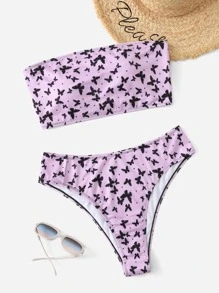 大碼蝴蝶繪畫肋條無肩帶比基尼裝套裝，夏季海灘 - 紫色 - 查看 4