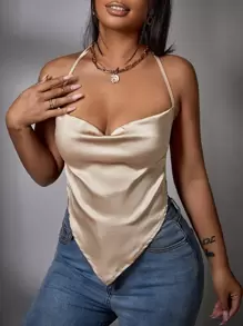 Áo hai dây Bất đối xứng Lộ Lưng Buộc lại màu trơn Gợi cảm - Màu be - Xem 1