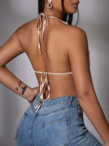 Áo hai dây Bất đối xứng Lộ Lưng Buộc lại màu trơn Gợi cảm - Màu be - Xem 2