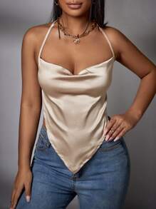 Áo hai dây Bất đối xứng Lộ Lưng Buộc lại màu trơn Gợi cảm - Màu be - Xem 3