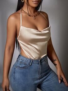 Áo hai dây Bất đối xứng Lộ Lưng Buộc lại màu trơn Gợi cảm - Màu be - Xem 5