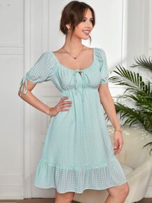 SHEIN Unity 格紋泡泡袖前繫帶連衣裙 - 薄荷藍 - 查看 3