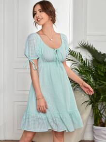 SHEIN Unity 格紋泡泡袖前繫帶連衣裙 - 薄荷藍 - 查看 5