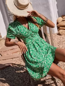Breezaya Vestido con estampado floral fruncido de manga farol - Verde - Ver 3