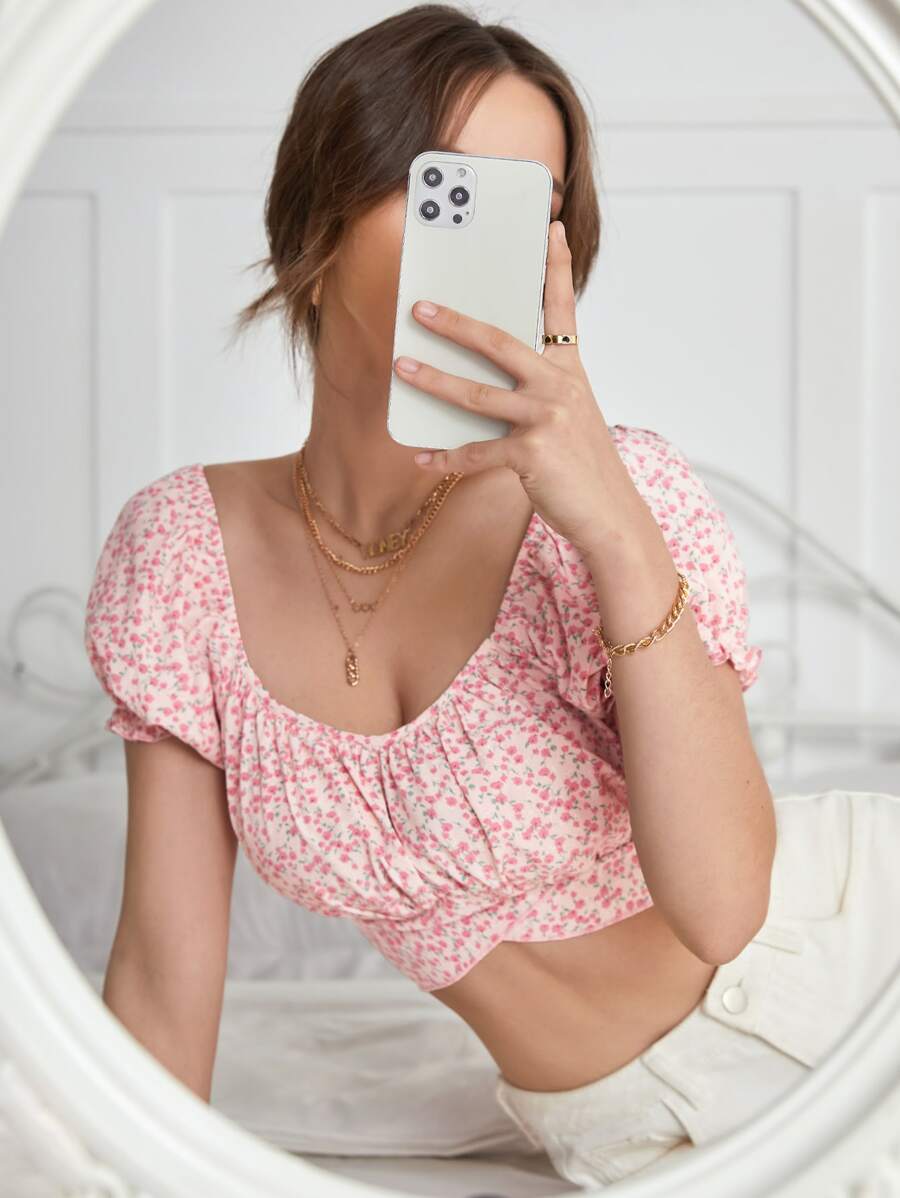 小碎花後綁帶泡泡袖上衣 - 淺粉色 - 查看 1