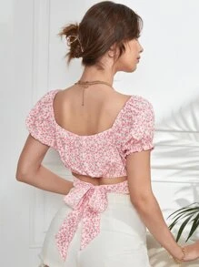 小碎花後綁帶泡泡袖上衣 - 淺粉色 - 查看 2