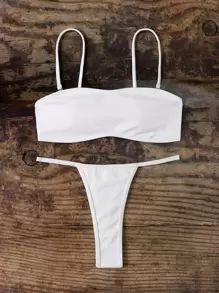 SHEIN Swim Summer Beach Plain Rib Thong Bikini - White - View 6