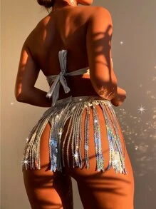 SHEIN Swim Bộ 3 Bikini Bandeau Holographic & Váy tua rua đính sequin đi biển mùa hè - Bạc - Xem 2