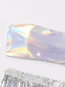 SHEIN Swim Bộ 3 Bikini Bandeau Holographic & Váy tua rua đính sequin đi biển mùa hè - Bạc - Xem 3