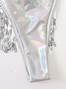 SHEIN Swim Bộ 3 Bikini Bandeau Holographic & Váy tua rua đính sequin đi biển mùa hè - Bạc - Xem 4