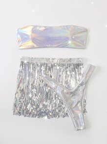 SHEIN Swim Bộ 3 Bikini Bandeau Holographic & Váy tua rua đính sequin đi biển mùa hè - Bạc - Xem 5