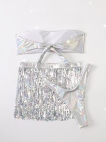 SHEIN Swim Bộ 3 Bikini Bandeau Holographic & Váy tua rua đính sequin đi biển mùa hè - Bạc - Xem 6