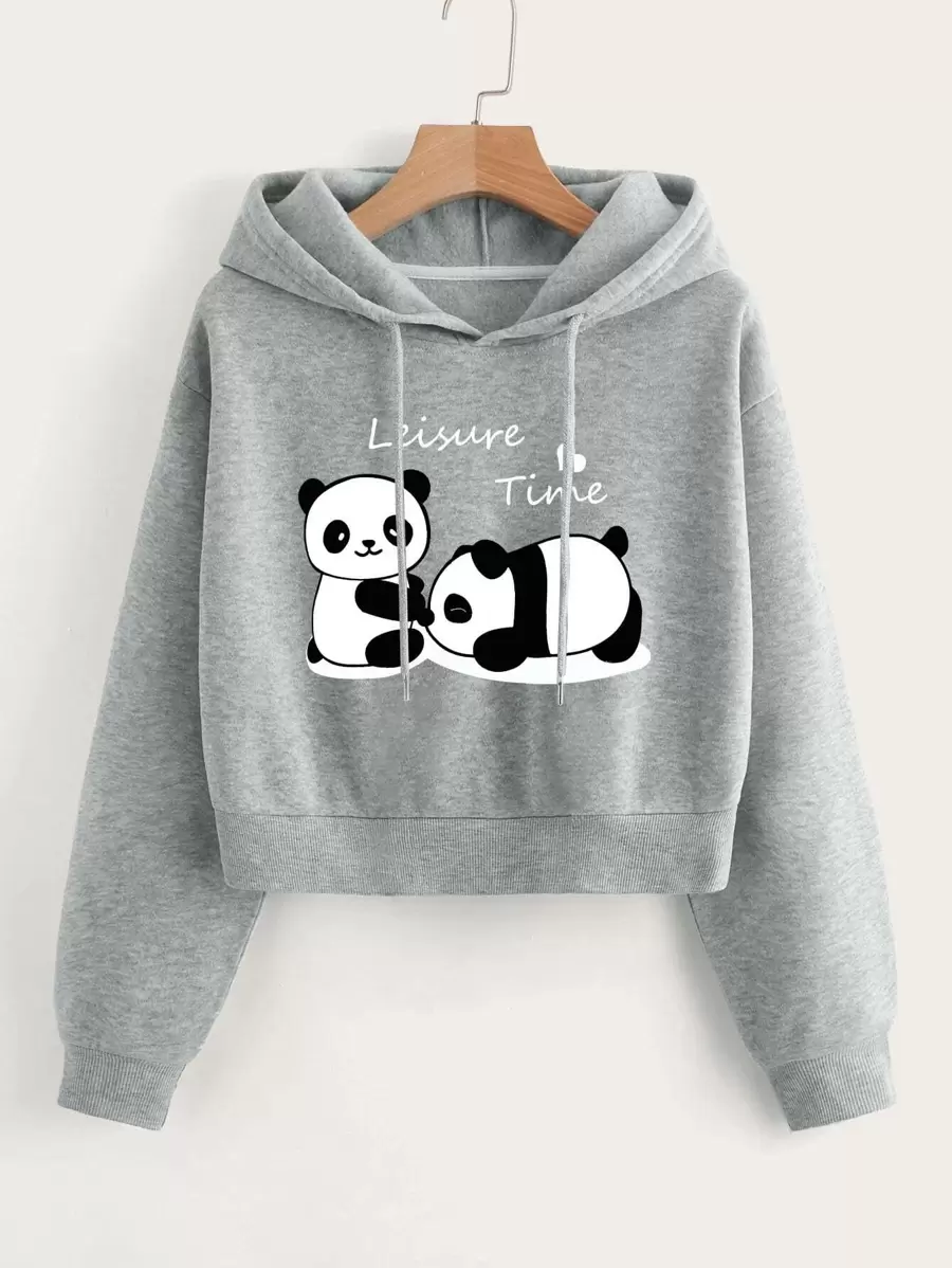 INAWLY Panda & Letter Graphic Drop Shoulder Drawstring Thermal Lined Hoodie,Long Sleeve Tops Graduation,Back To School Outfits,Graduation,Teacher Outfits For Women,Back To School Pullover Fall Outfit - Grey - View 1