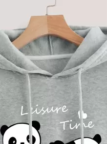 INAWLY Panda & Letter Graphic Drop Shoulder Drawstring Thermal Lined Hoodie,Long Sleeve Tops Graduation,Back To School Outfits,Graduation,Teacher Outfits For Women,Back To School Pullover Fall Outfit - Grey - View 3