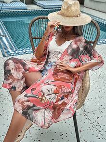 Floral Print Chiffon Kimono, For Summer Beach Vacation - Multicolor - View 5