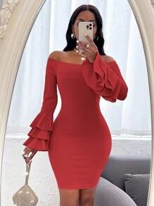 SHEIN SXY Vestido ajustado de hombros descubiertos de manga a capas - Rojo - Ver 1