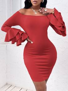SHEIN SXY Vestido ajustado de hombros descubiertos de manga a capas - Rojo - Ver 3