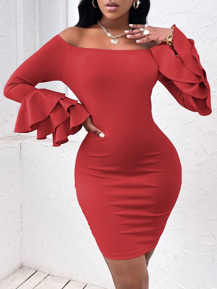 SHEIN SXY Off Shoulder Layered Sleeve Bodycon Dress - Red - View 3