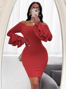 SHEIN SXY Vestido ajustado de hombros descubiertos de manga a capas - Rojo - Ver 4