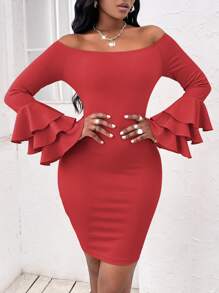 SHEIN SXY Vestido ajustado de hombros descubiertos de manga a capas - Rojo - Ver 5